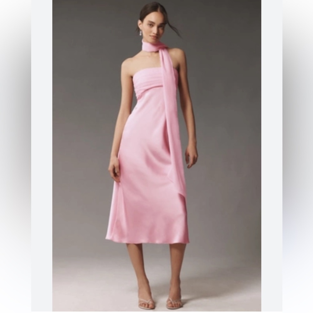 NWT retail$220 size10 #Anthro,#Reclectic #BHLDN Strapless pink satin. Midi Dress
